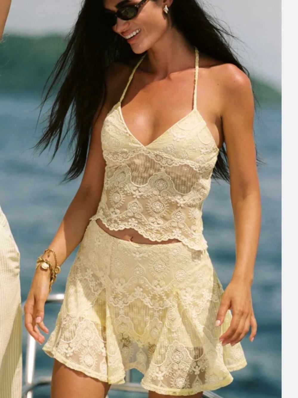 Blackbough Set Sheer Lace Halter Crop Tank Top and Skirt in Light Yellow